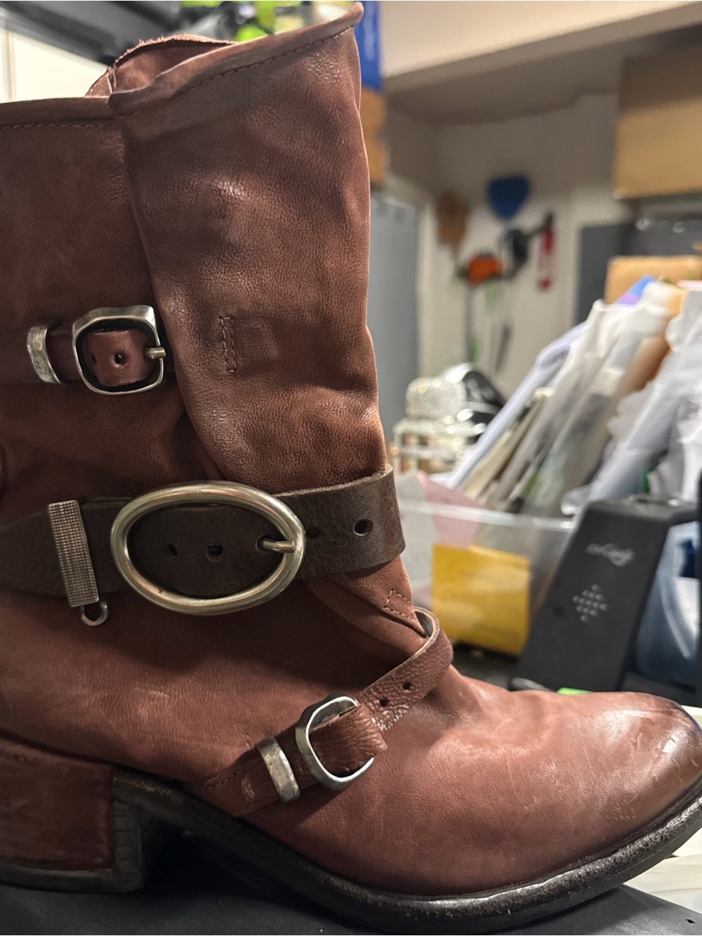 AS 98 women Brown Leather Buckle Moto Boots size 39